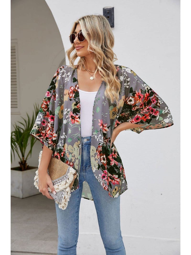 BB&KK Women's Summer Tops Plus Size 2023 Cute Business Casual Outfits Dressy Kimono Cardigans Chiffon Floral Small Deep Gray - Image 4